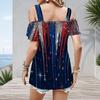 Plus Size Women Cold Shoulder Flutter Sleeve T Shirt Vintage Usa Star Stripe Brush Print Short Sleeve Top