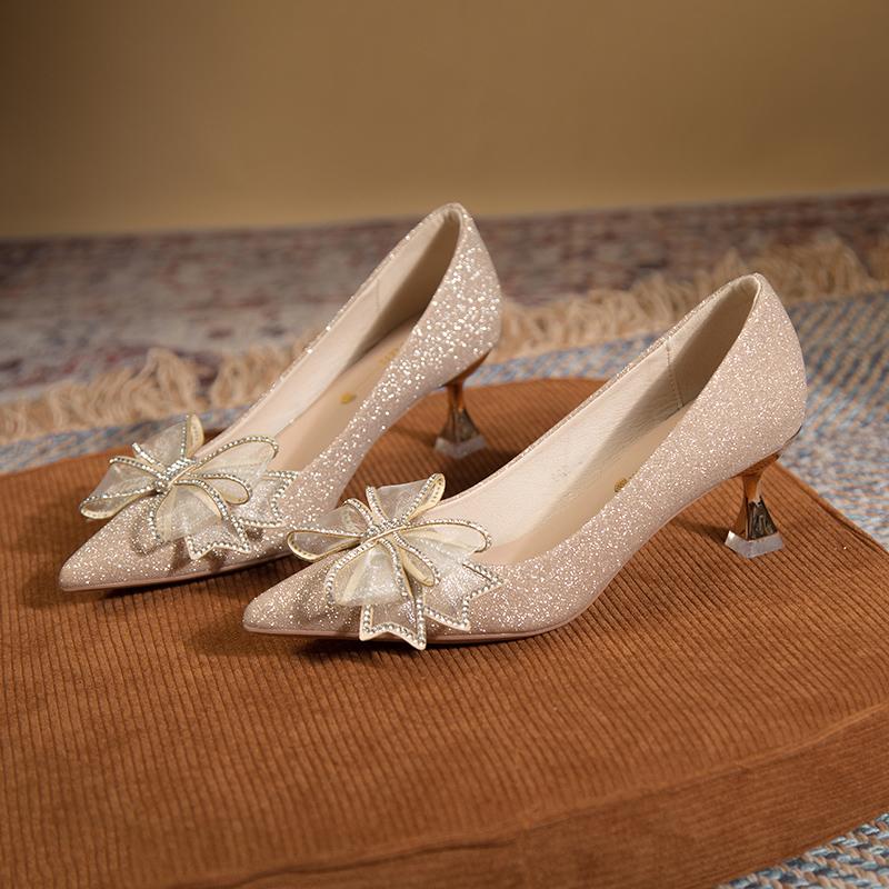 Módní dámské polovysoké podpatky s mašlí 2024 nový styl svatební boty pro nevěsty jednobotky do práce