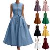 Abito midi da donna senza maniche con bottoni frontali in misto cotone e lino con cintura in vita e tasche, vestibilità classica per l'uso quotidiano