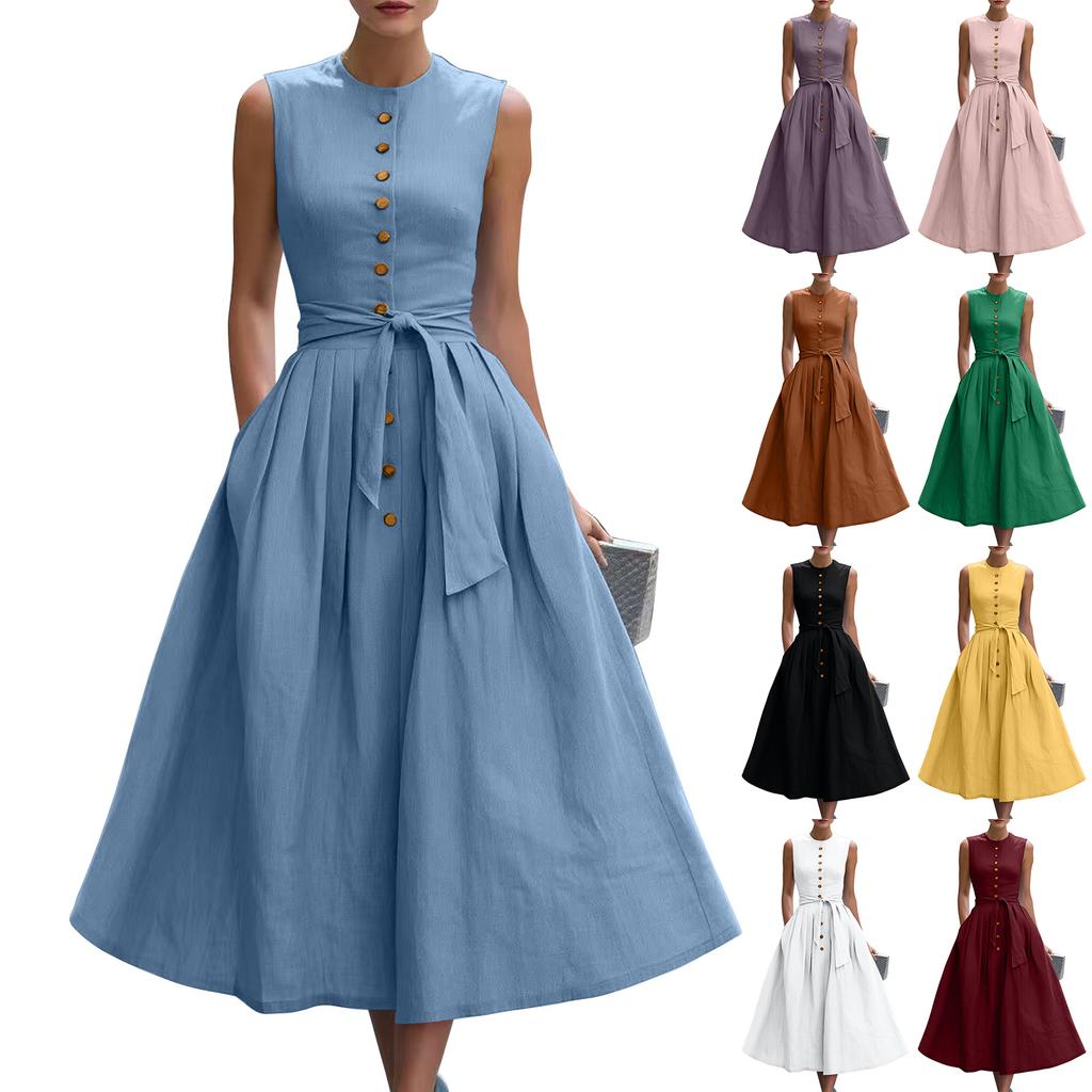 Abito midi da donna senza maniche con bottoni frontali in misto cotone e lino con cintura in vita e tasche, vestibilità classica per l'uso quotidiano