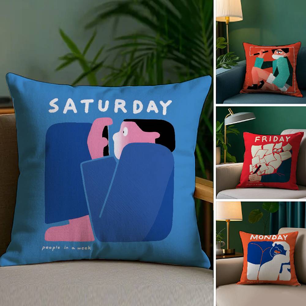 Home Decor Weekday People Illustration Print Pillowcase Pattern Cushion Cover Suitable for Sofa Bedroom Car Pillow Cover