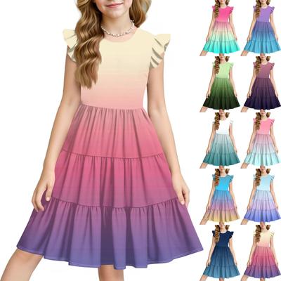 Summer Children's Dress Girls Print Gradient Casual Cute Round Neck Princess Dress