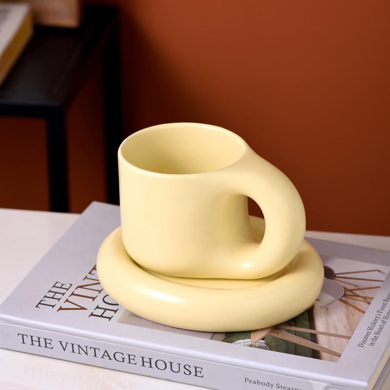 Ceramic Coffee Mug With Saucer Set Novelty Cute Fat Handle Cup  For Office And Home For Latte Tea Milk