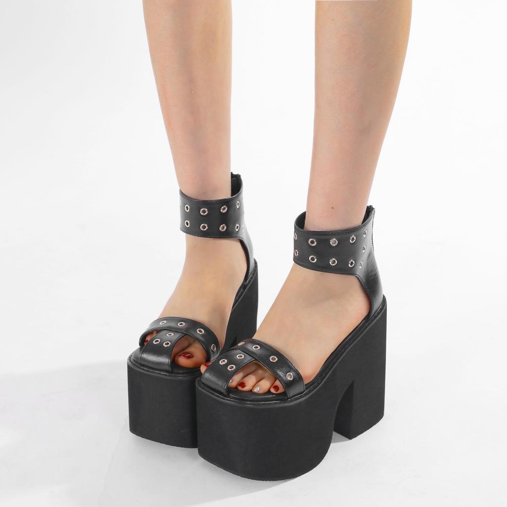 Gdgydh Summer Wide Fit Heeled Sandals Women Metal Rivet Punk Wedge Heels Platform Sandals Ankle Strap Ladies Cosplay Shoes