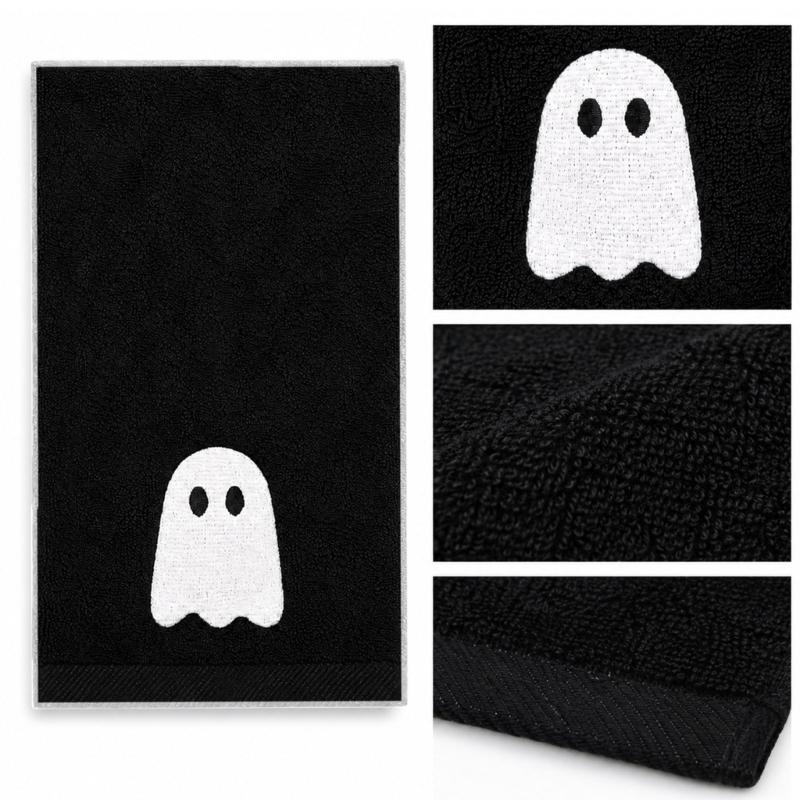 Bathroom Towel Accent Set, Black and White Ghostly Design Hand Towels in Two Piece Soft Polyester Pair for Guest Bath Use, Daily Drying, and Halloween