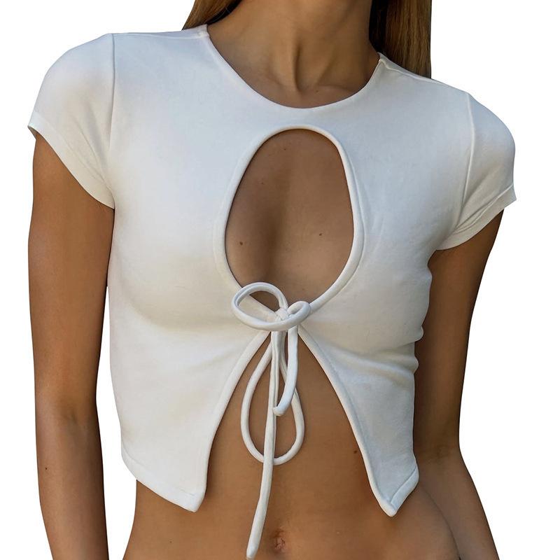 European and American women's clothing summer new pure desire wind round neck hollow strap waist slim jacket