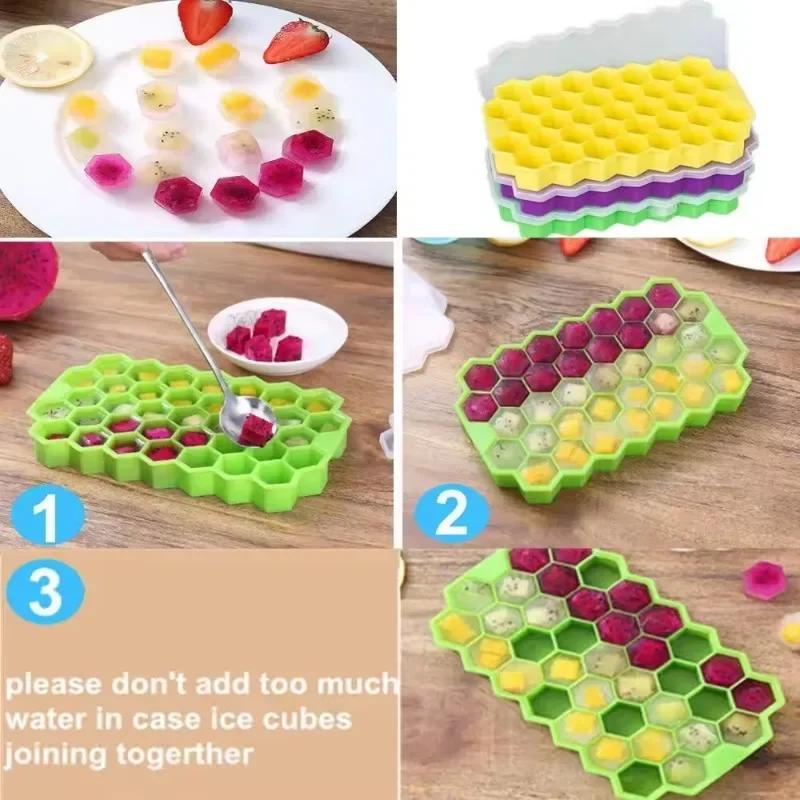 Food Grade Soft Silicone Ice Cube Mold with Cover, 37 Grid, Washable and Reusable, Easy Removal, Home Kitchen Tools, 1PC