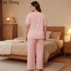 Plus Size Women Pajama Set V‑Neck Lace Bow Short Sleeve Wavy Edge Wide Leg Pants Soft Smooth Sleep Loungewear