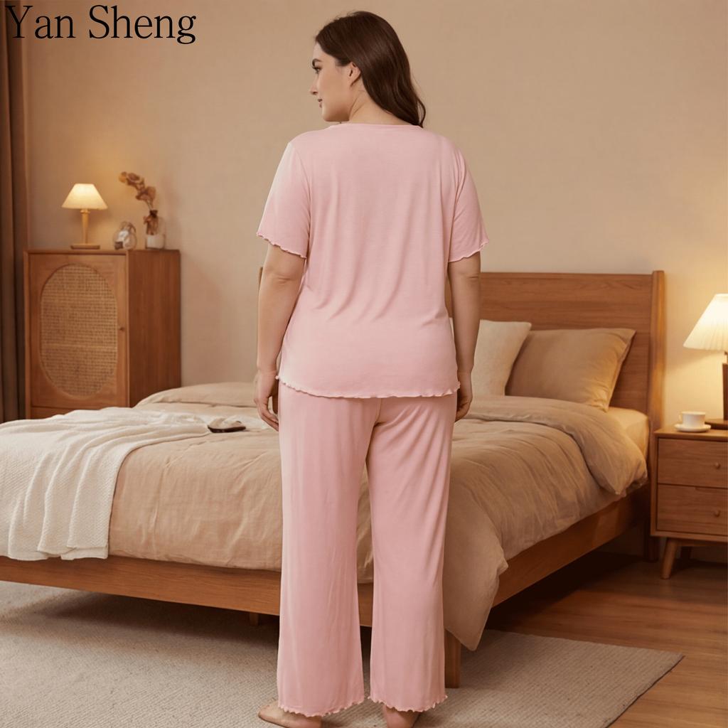 Plus Size Women Pajama Set V‑Neck Lace Bow Short Sleeve Wavy Edge Wide Leg Pants Soft Smooth Sleep Loungewear