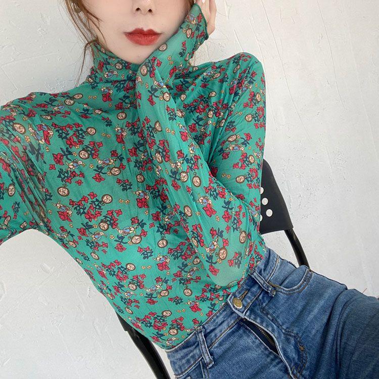 Hong Kong Style Vintage Chic Slimming Floral Top Women's Sexy Mesh Base Layer High Neck Sun Protection Shirt