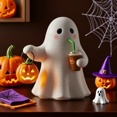 Halloween Ghost Night Lamp Holding Pumpkin Drinking Ghost Resin Statue Holiday Party Home Office Bedroom Ghost Decorative Lamp