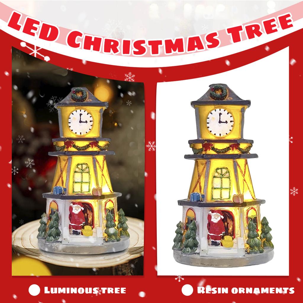 LED Christmas Resin Small House Ornaments Luminous Resin Clock Tower