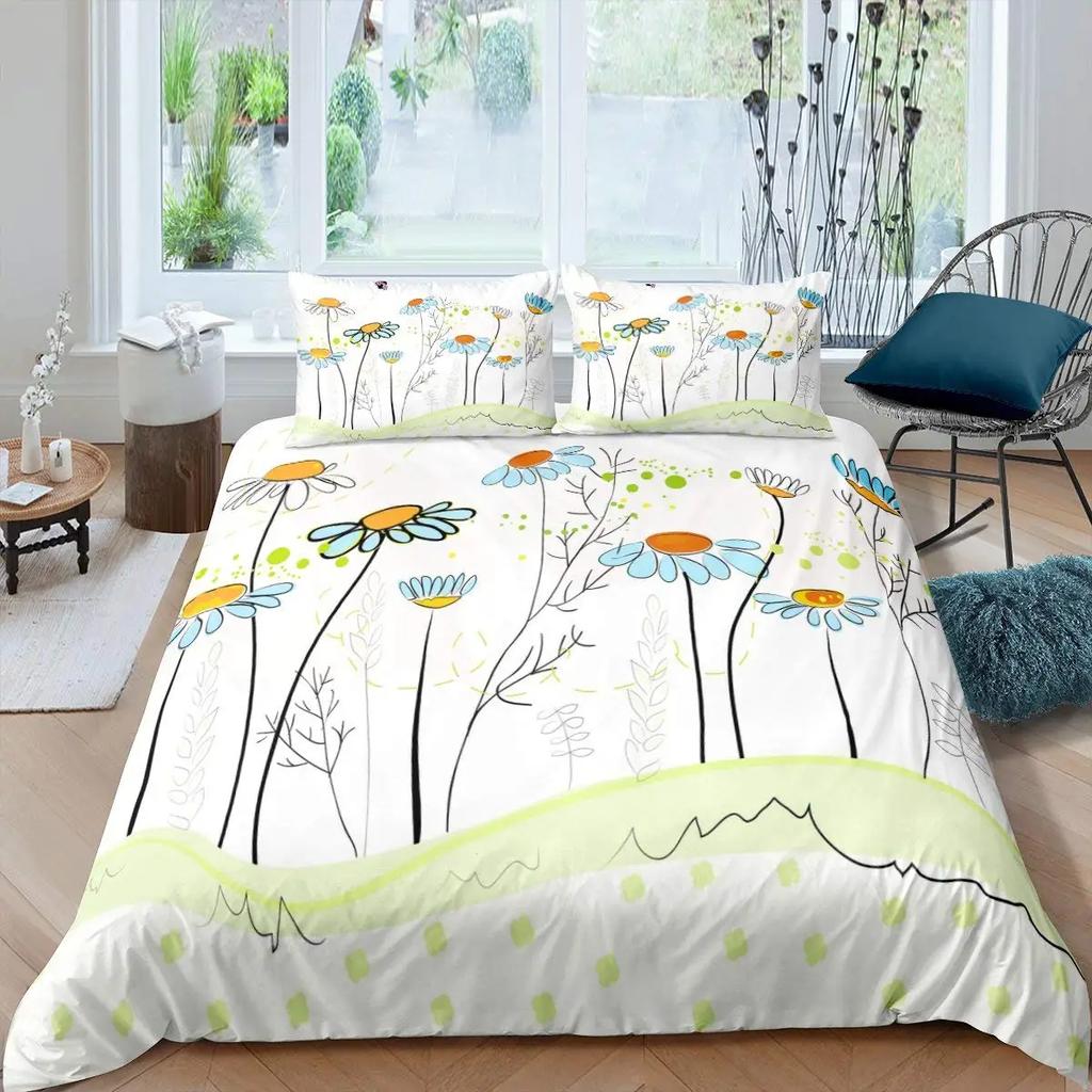 Yellow Daisy Duvet Cover Set Cute Floral Bedding Set For Kids Child Girls Garden Flowers King Comforter Cover With Pillowcase
