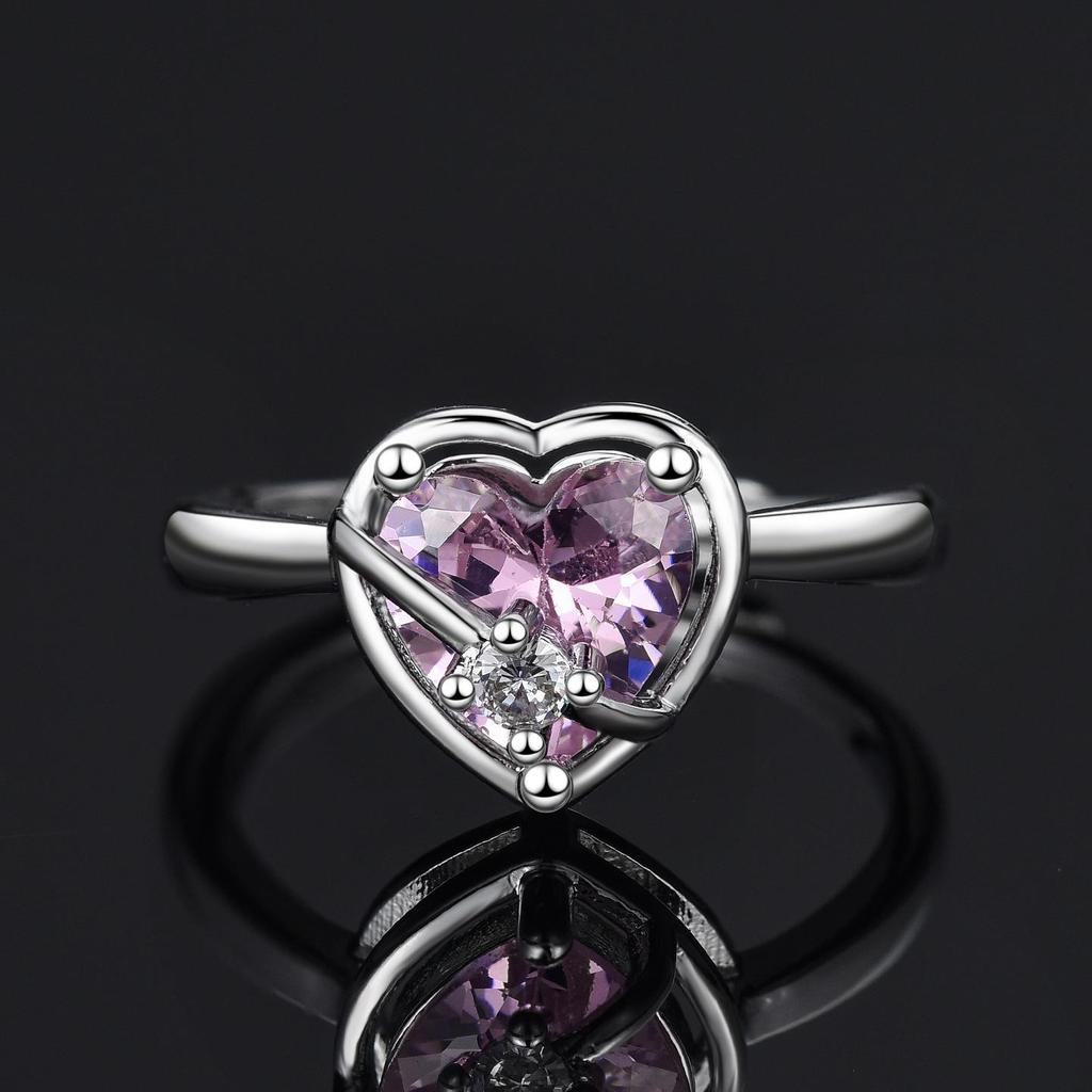 Platinum-Plated S925 Sterling Silver Heart Ring with Pink Diamond, Adjustable Women's Valentine's Day Gift.