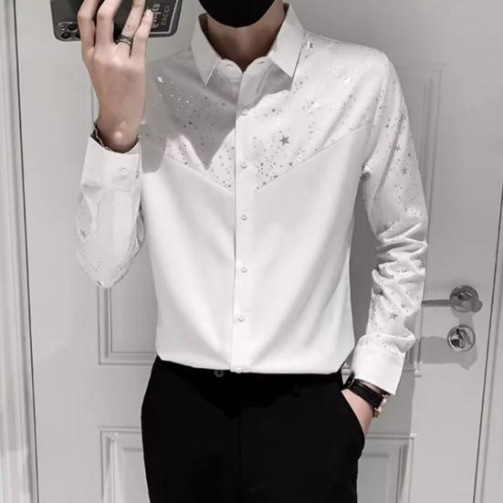 Men Shirt Sequin Star Color Matching Long Sleeve Single Breasted Patchwork Slim Fit Cardigan Turn Down Collar Soft Breathable Mid Length Men Top