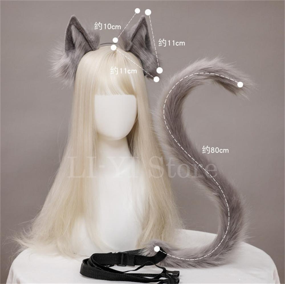 2Pcs/Set Plush Cat Ears Tail Set Realistic Lolita Headband Cat Tail Cosplay Props Hand-Made Simulation Animal Ears