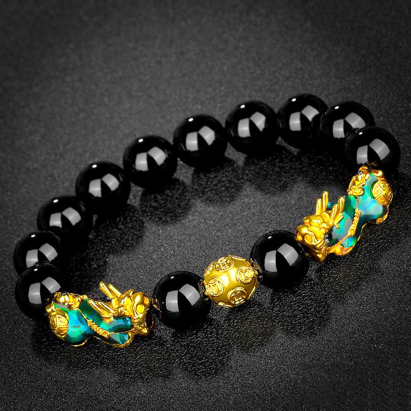 3D Color-Changing Pixiu Obsidian Bracelet with Six-Character Mantra & Temperature-Sensitive Vietnamese Gold