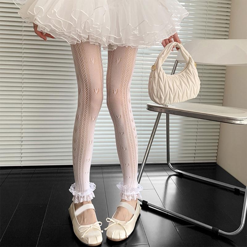 Women Hollowout Heart Pattern Fishnet Tights No Toes Pantyhose High Waist Footless Ruffle Lace Trim Leggings Stockings