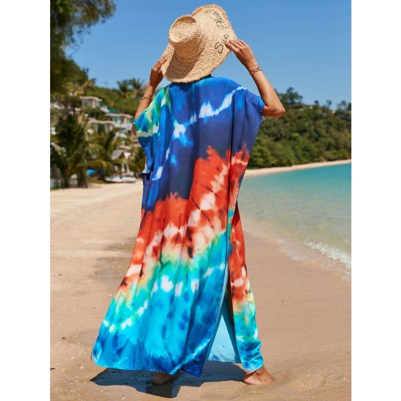 Damenmode Sommer Frühling Farbblockdruck Kurzarm V-Ausschnitt Lockere Taille Freizeitkleider