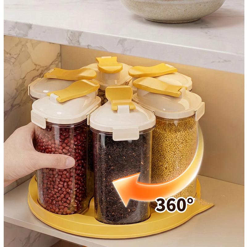 Rotatable Compartment Grain Storage Container, Detachable Airtight Moisture-Proof Food Jars for Kitchen