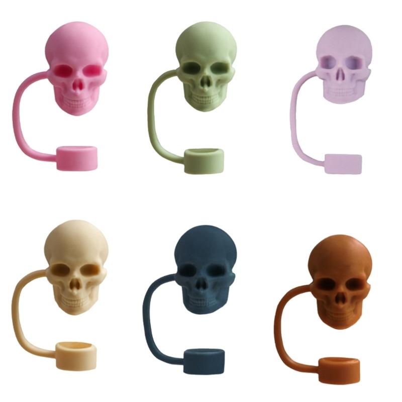Set of 6 Unique Straw Stoppers Adorment Colorful Silicones Straw Lid Cute Skull Shaped Straw Plug Drinkware Accessorys
