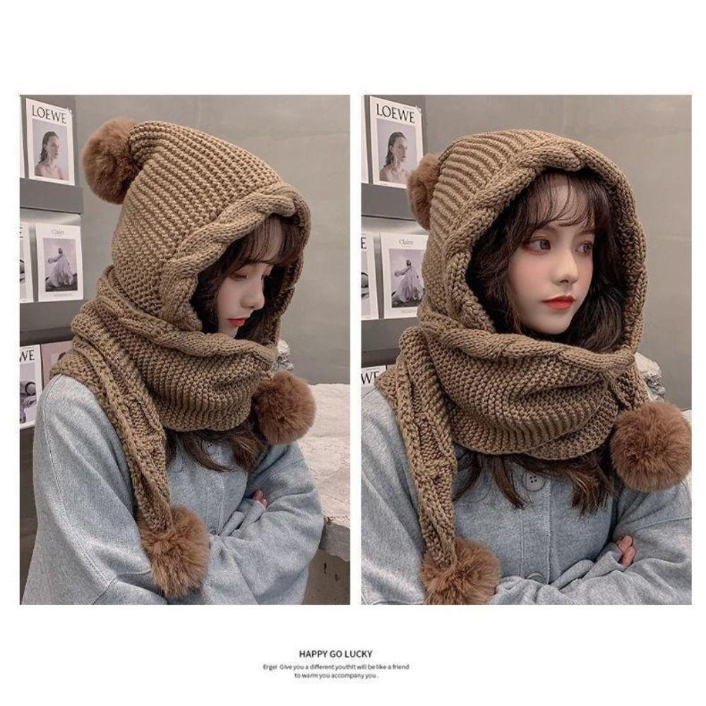 Winter Knitted Hat Ear Protection Fur Ball Warm Caps Women Hooded Scarf Hat