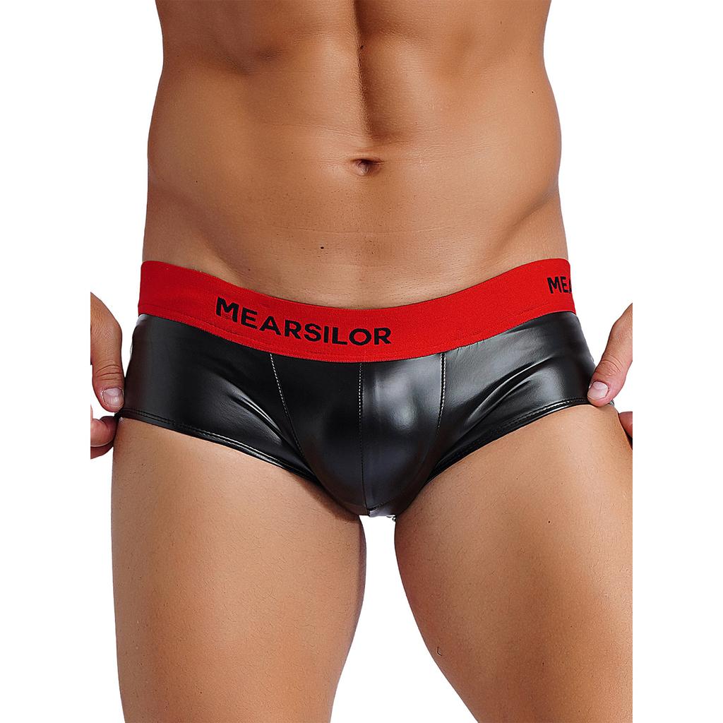 Mens Latex Boxer Briefs Low Rise Design Letter Print Waistband Convex Pouch Underwear Nightclub Loungewear