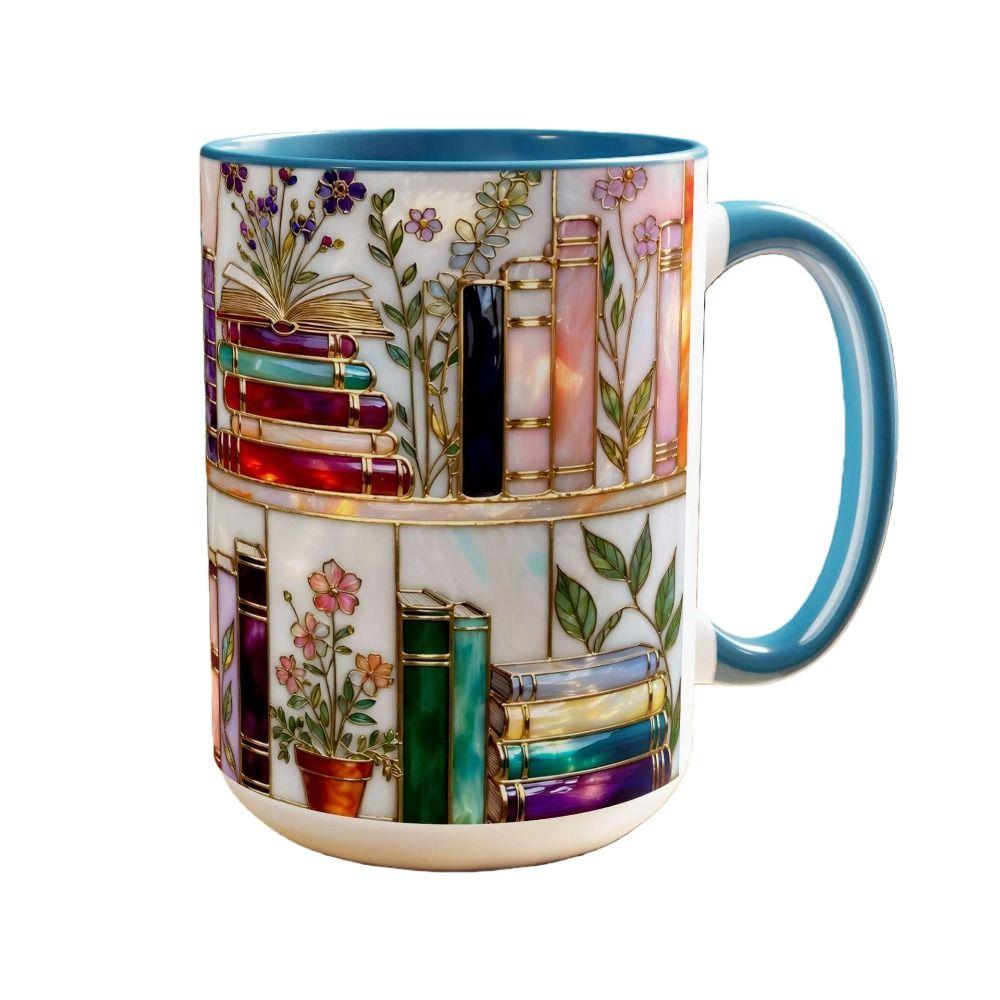Bookshelf Pattern Flower Ceramic Milk Cup Bronzing Colored Glaze Nordic Pink Blue Floral Ceramic Coffee Mug Fun Bookworm Gift