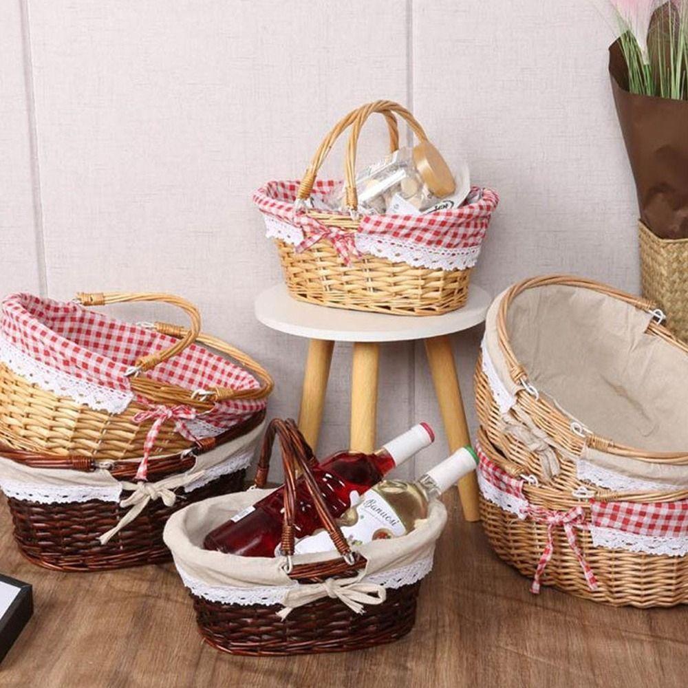 Multoclor Wicker Picnic Basket with Handle Weaving Design Wicker Woven Basket Handicraft Large Capacity Hand Basket Fruit
