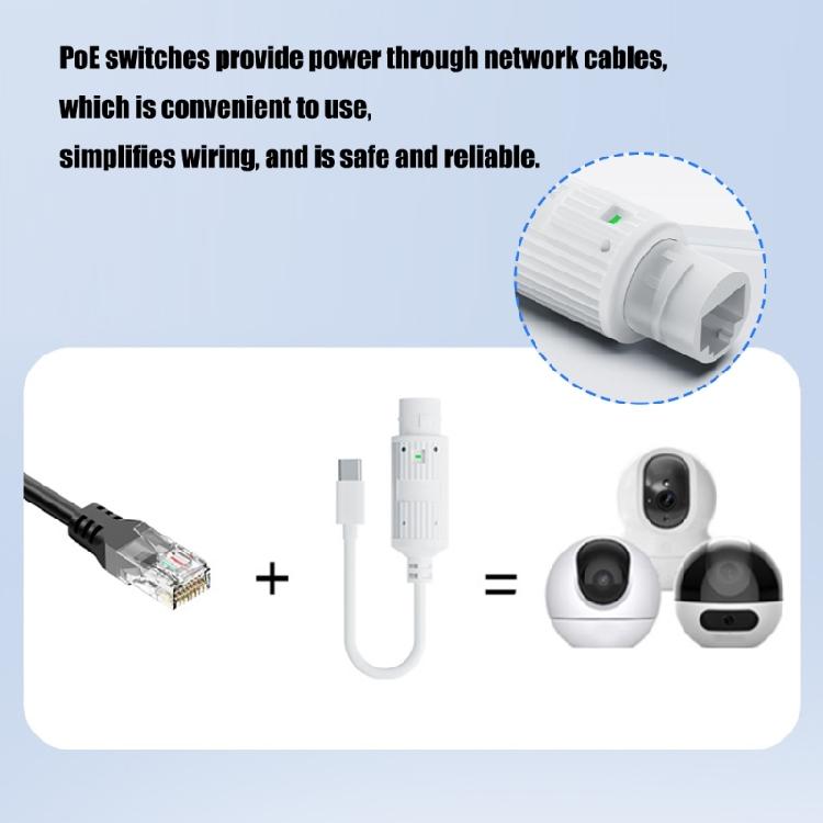 POE to Type C Adapter 48V to 5V 2.4A Type C Output High Efficiency ABS Protective Casing Over Current Protections