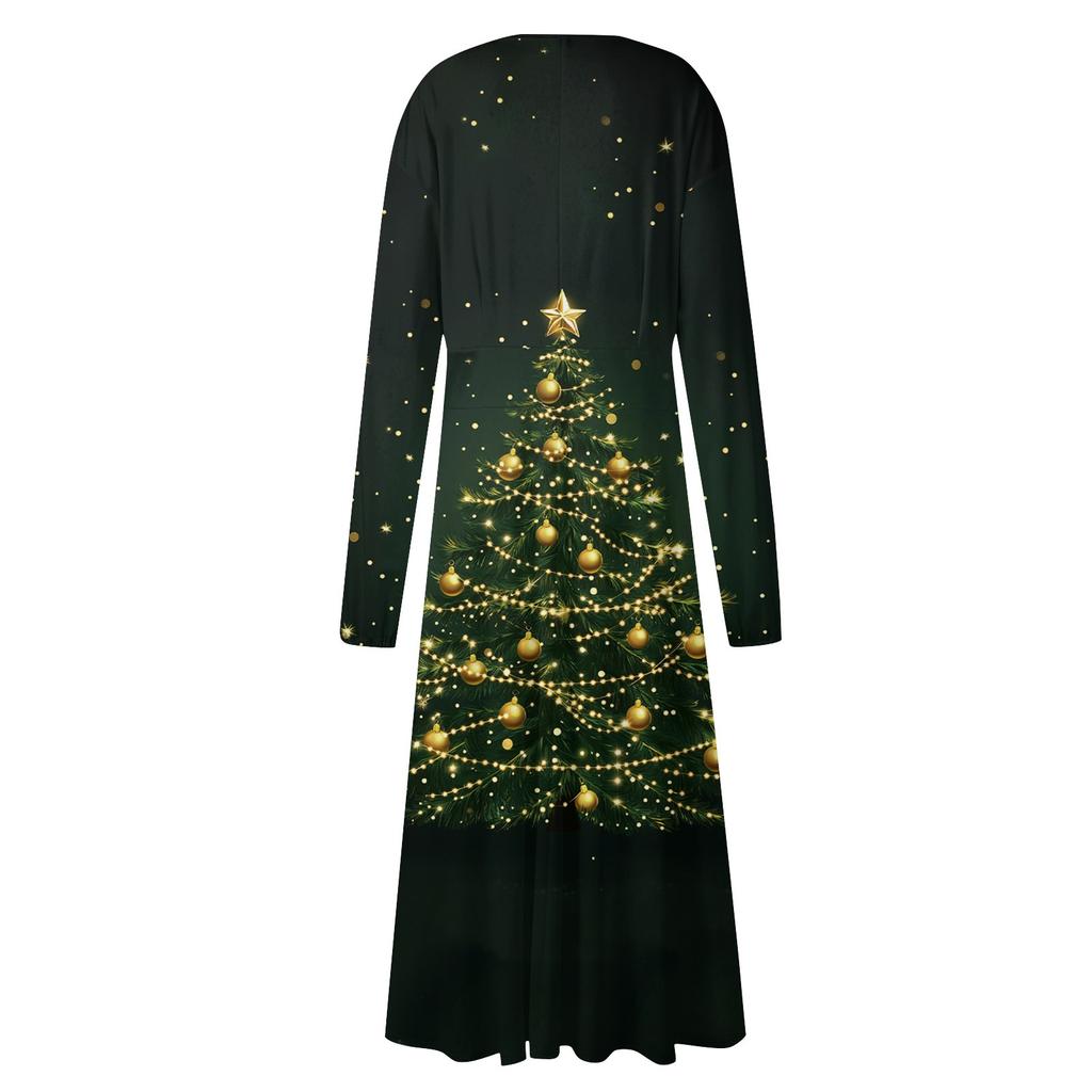 Women's Autumn And Winter Casual Fashion V-neck Long Sleeve  Print Long Dress