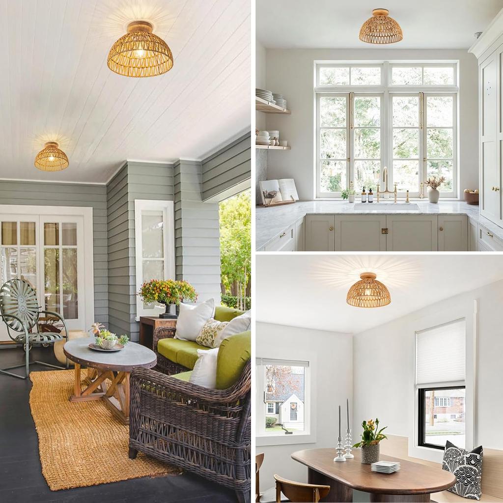 Boho Light Fixtures Ceiling Rattan Lights Boho Chandelier Flush Mount Ceiling Light for Hallway Foyer Entrance Bedroom Kitchen