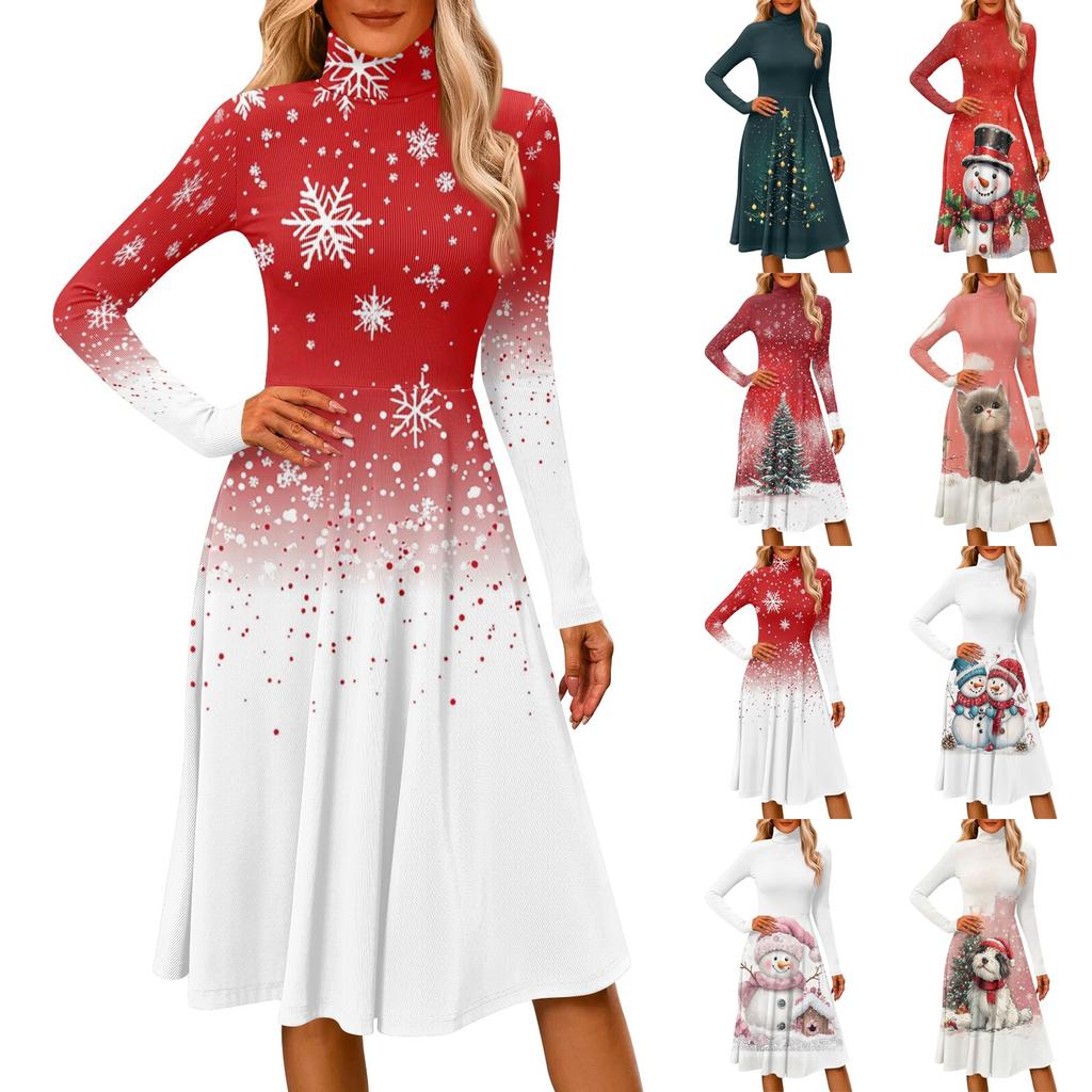 Women's Casual Fashion High Neck Long Sleeve Print Midi Dress