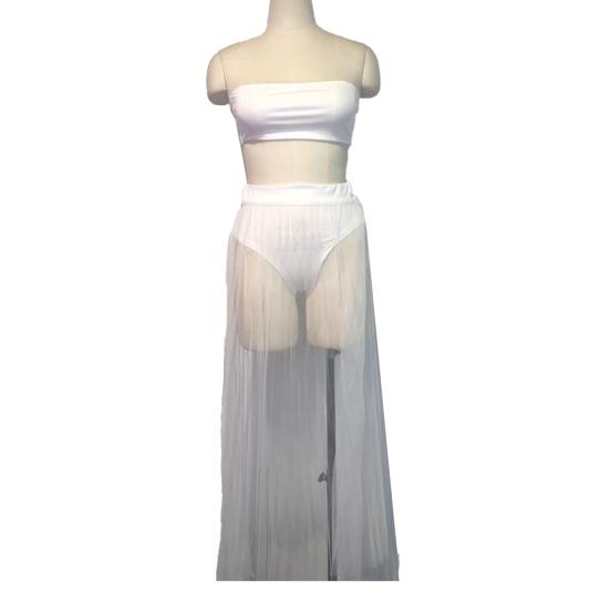 3Pcs/Set Vest Skirt Set Sexy Bandeau Tops High Waist Briefs Mesh Pleated Long Skirt Set Solid Color Outfit