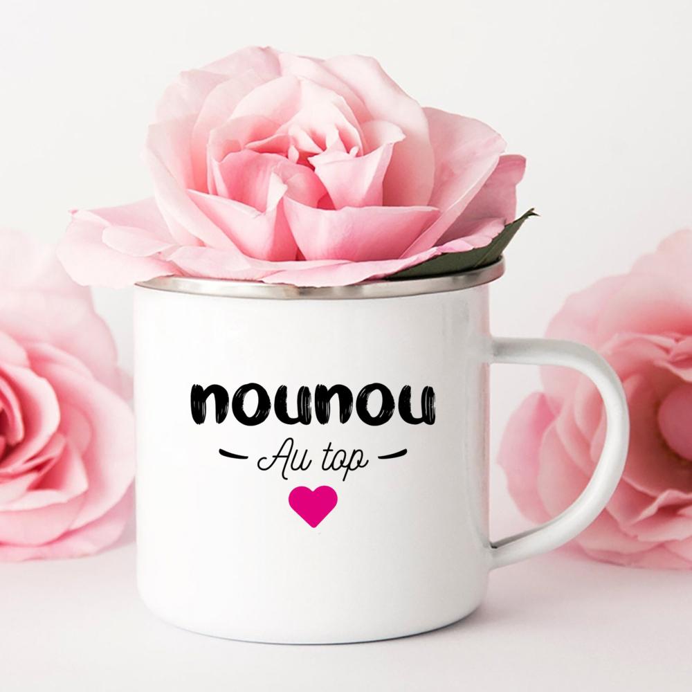 Merci Nounou Printed Mugs Creative Coffee Tea Cups Drink Water Milk Cup Enamel Mug School Home Handle Drinkware Gifts for Nounou
