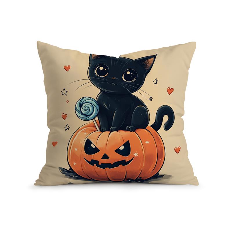 Home Decor Cute Black Cats with Pumpkins and Lollipops Pattern Cushion Cover Suitable for Sofa Bedroom Car Pillow Cover