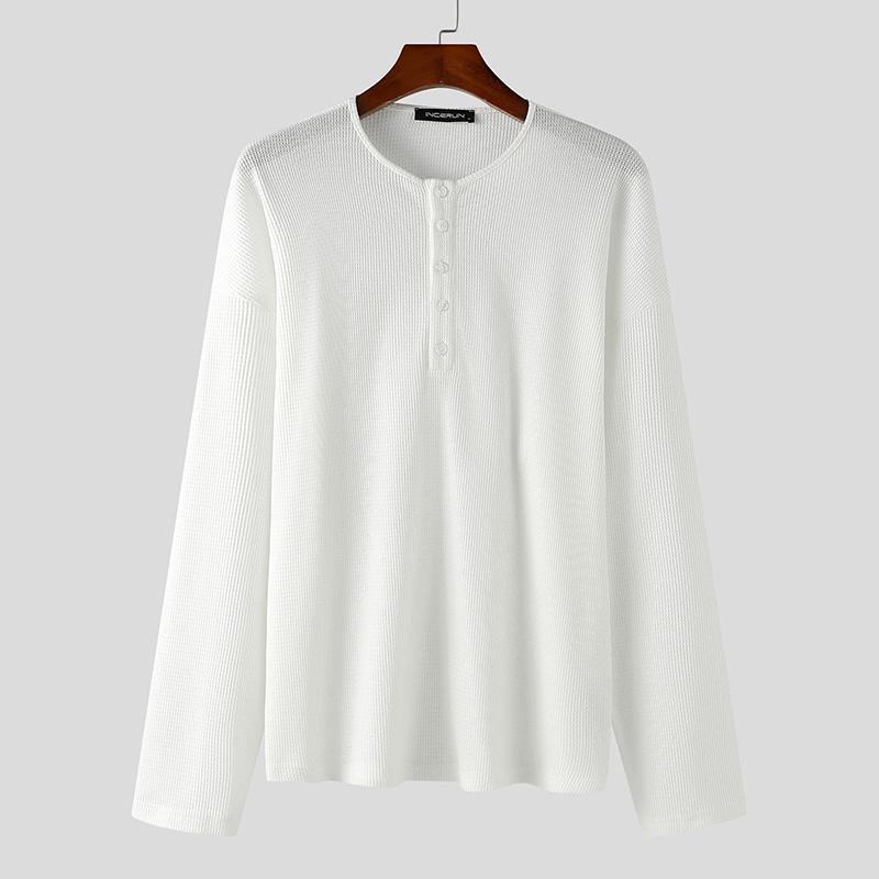 

INCERUN свободные мужские футболки с круглым вырезом и длинным рукавом на пуговицах, повседневные свободные полупрозрачные футболки, топы L белый