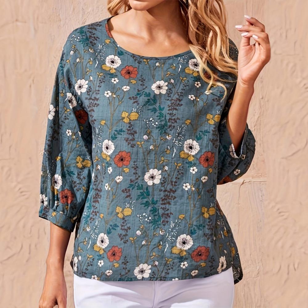 Plus size women s casual shirt, floral print round neck lantern sleeve loose top, women s office casual top M