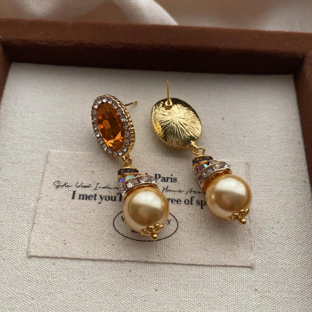 Orange Gemstone Pearl Earrings, Earrings Inlaid With Diamonds, Retro Light Luxury, Exquisite Niche Design, Elegant And Noble And Versatile