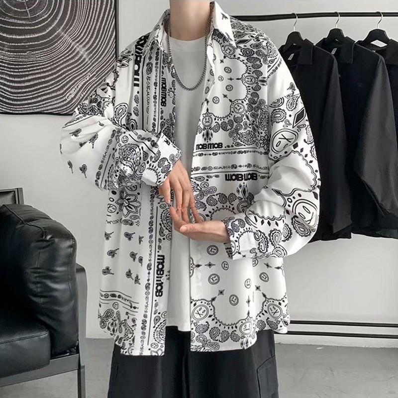 Men's Tie-Dye Long-Sleeve Floral Shirt - Trendy Hong Kong Style, Loose Fit, Casual Punk Fashion for Autumn
