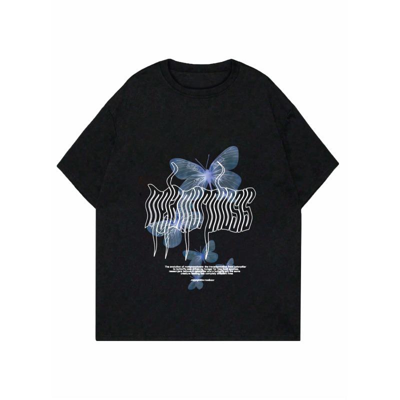 Damen Lockeres T-Shirt Schwarzer Schmetterlingsdruck Und Textdesign Freizeitkleidung Für Den Täglichen Gebrauch