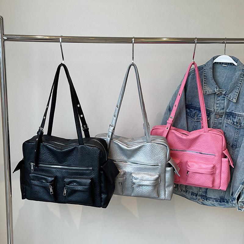 Women PU Leather Shoulder Bag Multi-Pockets Underarm Bag Solid Color Versatile Commuting Handbag Adjustable Strap Tote Bag ARI