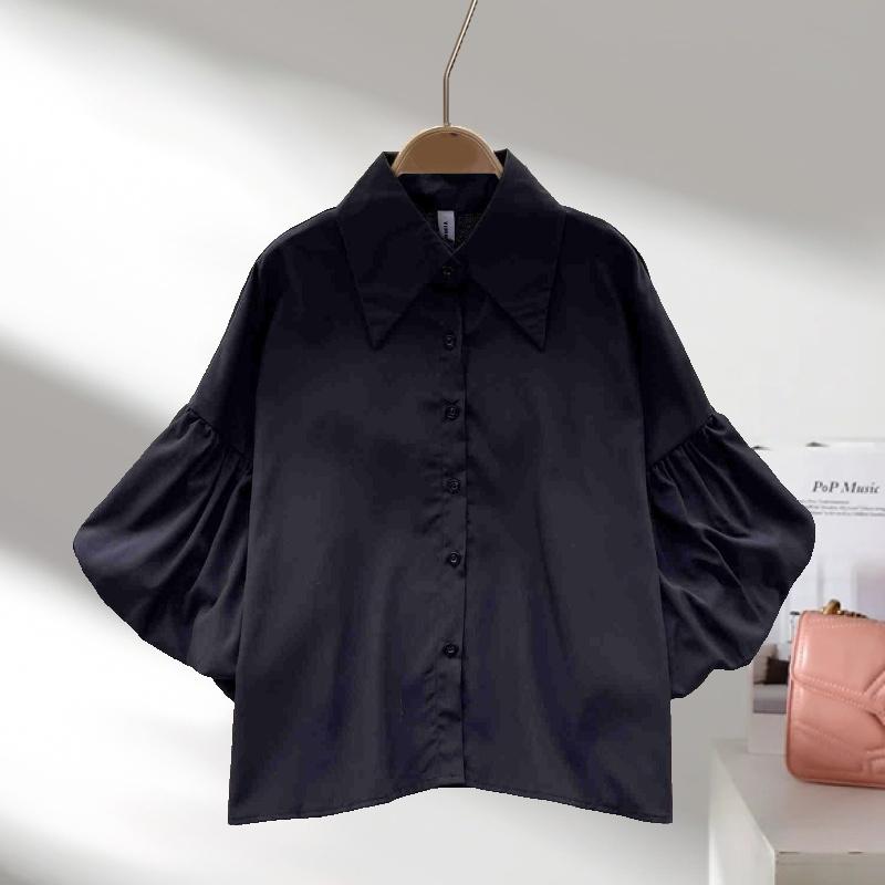 Summer Puff Short Sleeve Women Shirt Fashion New Elegant Loose Casual Lapel Blouse Female 2025 Solid Color Simple Office Tops Clothes Top 3505