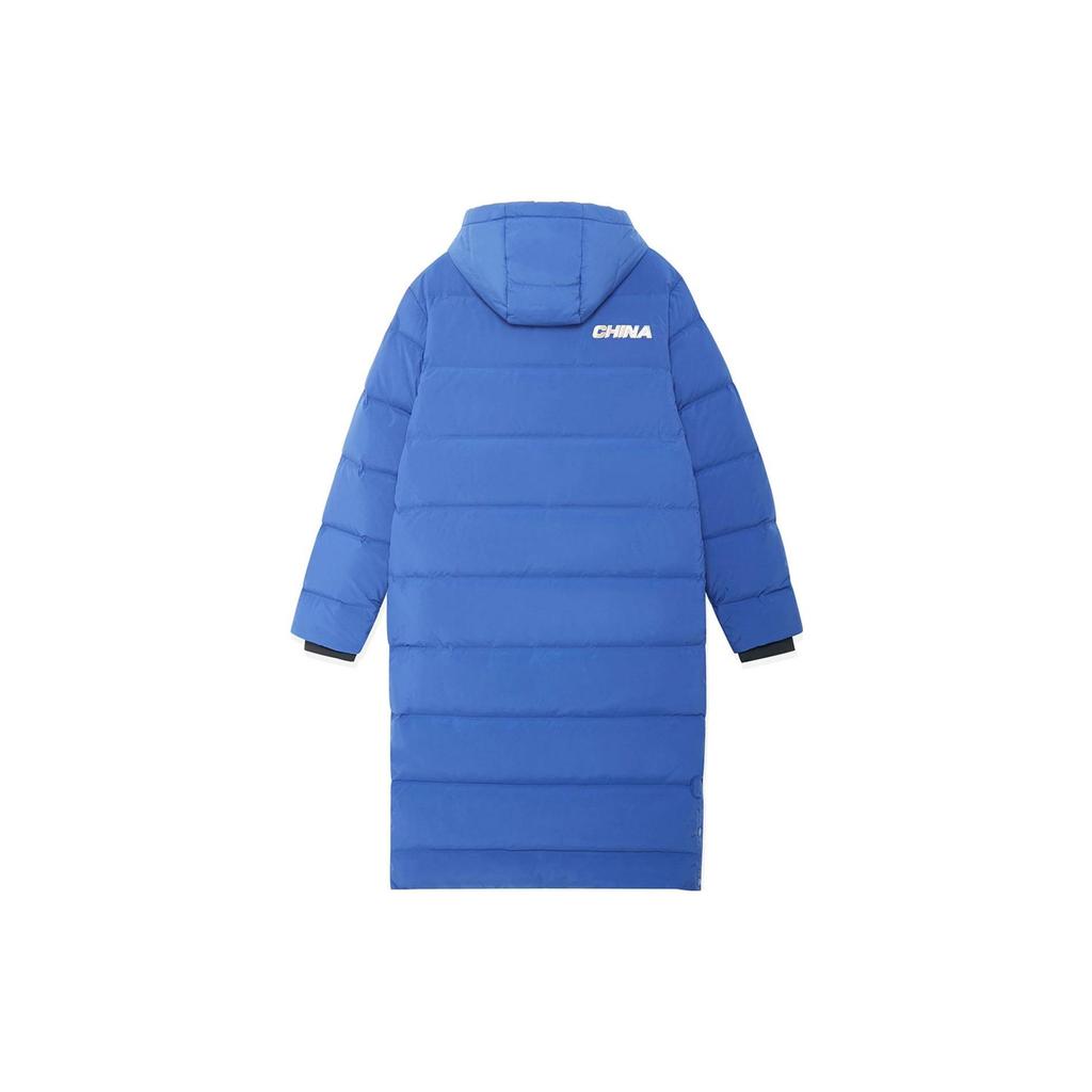 Li Ning Solid Color Logo Print Long Hooded Down Jacket Unisex Outerwear Blue AYMS185-3