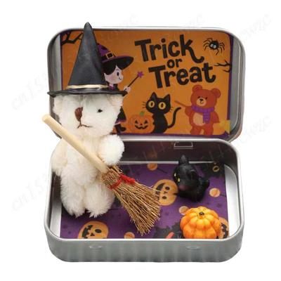 Halloween Bear In A Box for Trick Or Treat with Witch Blanket Cute Halloween Bear with Broom Pumpkin & Cat Witch Ornaments