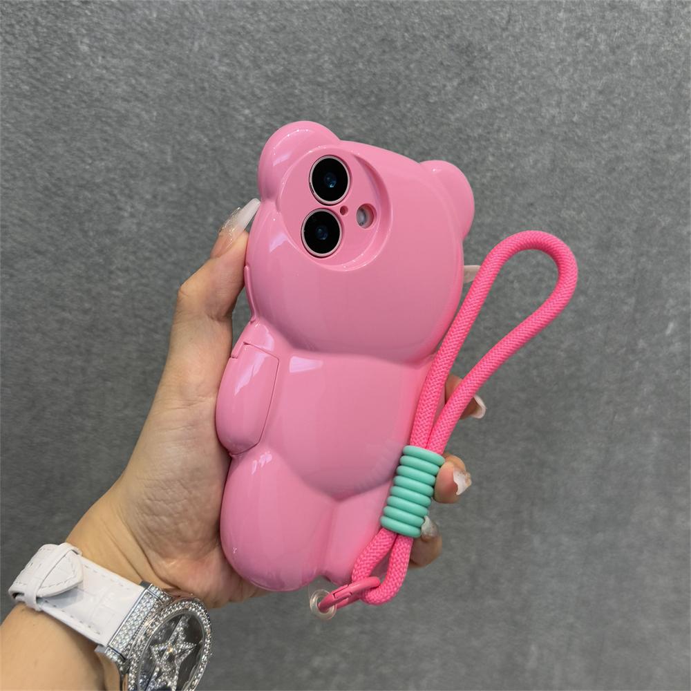3D Cartoon Bear Wrist Chain Lanyard Phone Case for iPhone 16 15 14 13 12 11 Pro Max Plus Lovely Sweet Silicone Shockproof Cover
