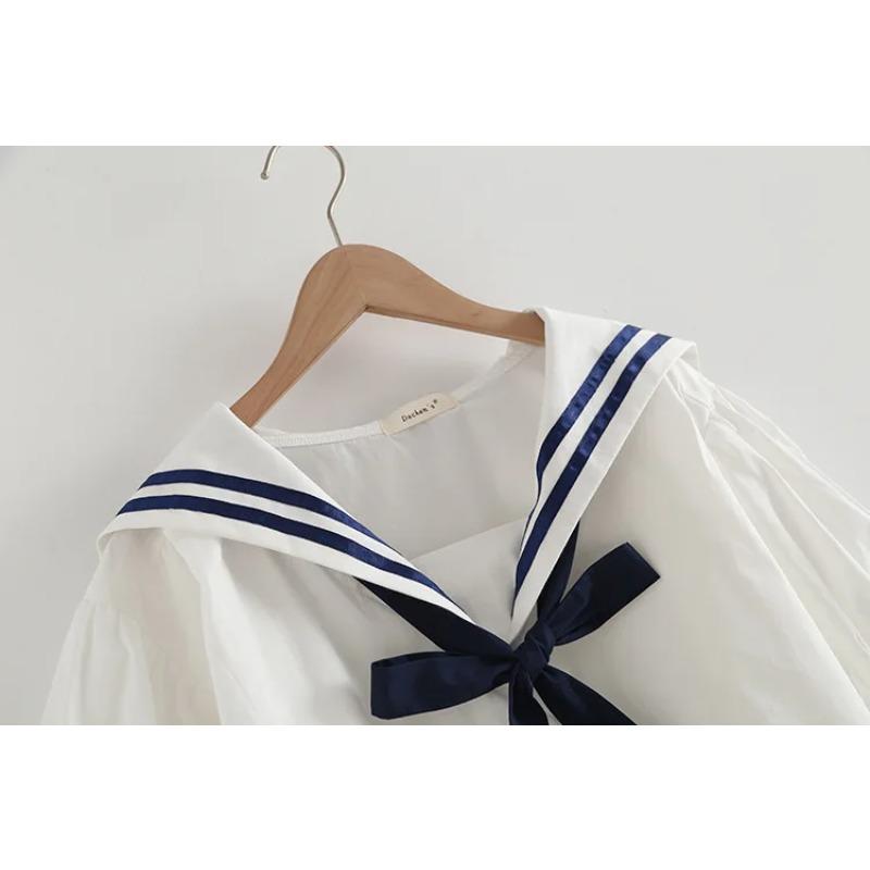 Camisas Femininas de Verão Blusas Brancas com Laço Manga Curta Gola Marinheiro Feminina Pulôver Solto Roupas Japonesas