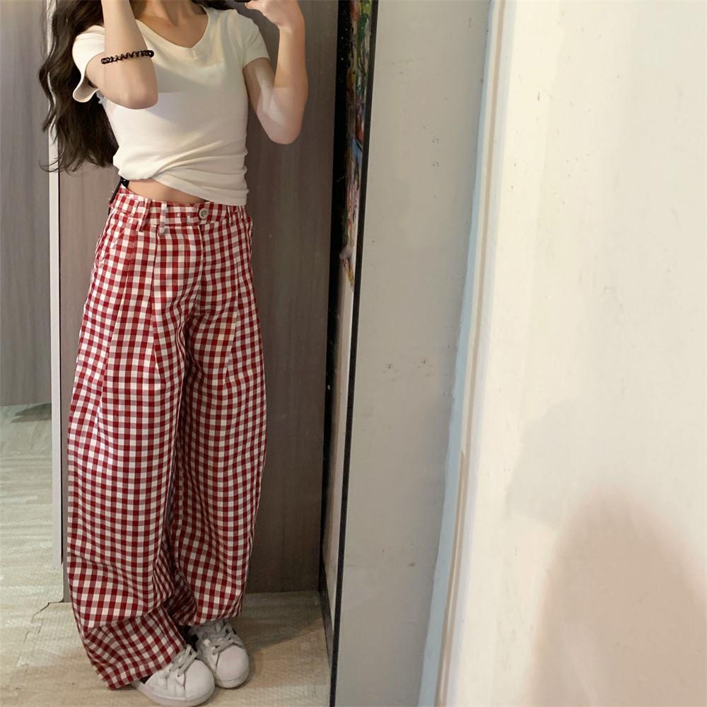 Autumn Red Plaid Plus Size Women s Relaxed High Waist Wide Leg Pants 4XL
