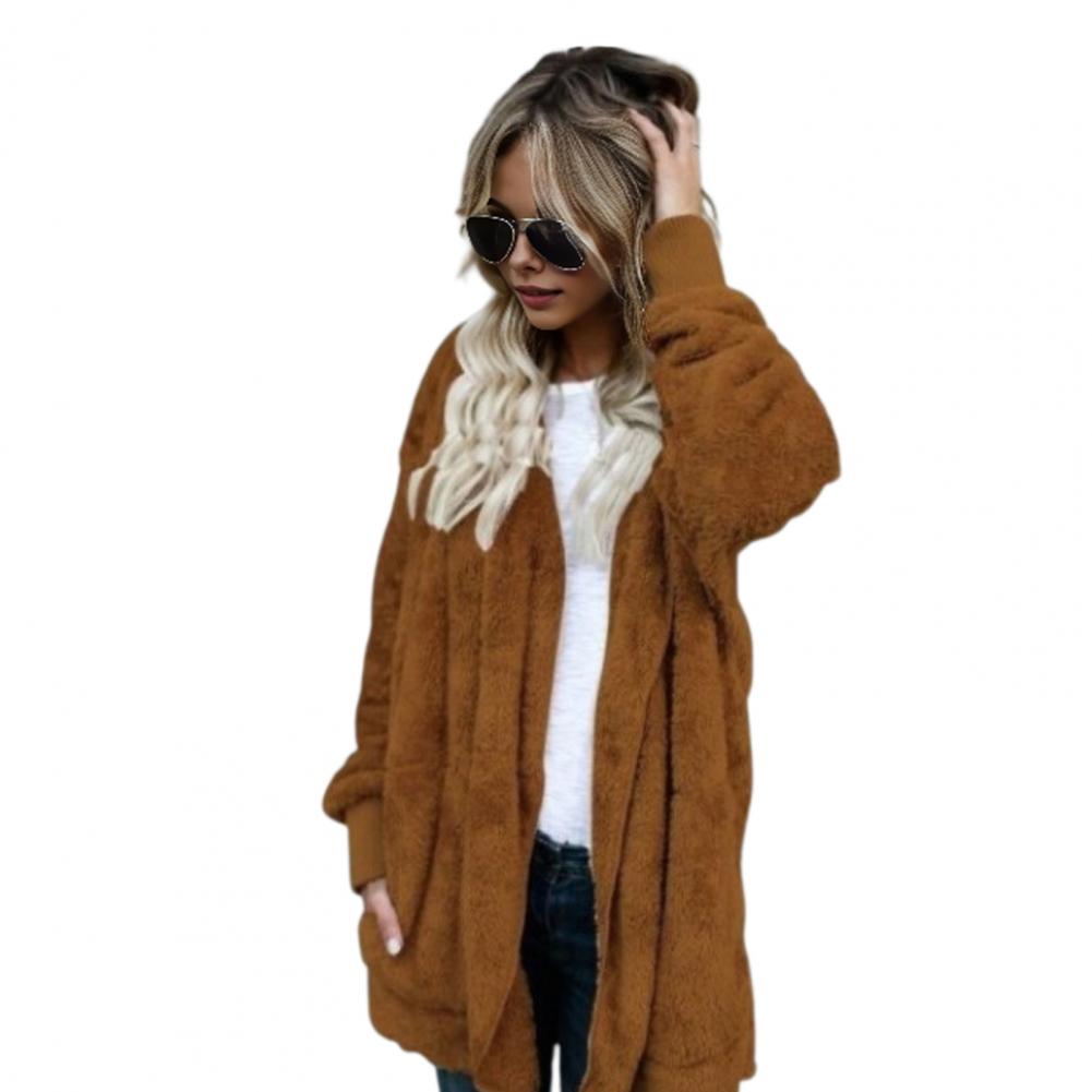 Winterjacke für Damen, doppelseitig tragbar, dickes Fleece, mit Kapuze und Taschen, mittellang, einfarbig, warm, lässig, für den Alltag, langer Mantel