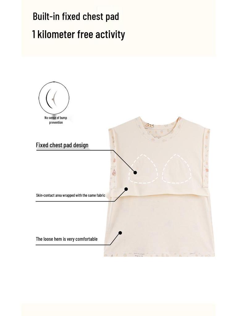 Women's 100% Cotton Summer Pajama Set - Sleeveless Tank & Shorts with Cute Cartoon Design and Chest Pads